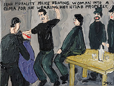 Bad Painting 324 by Rechsteiner, Iran Morality Police beating Mahsa Amini into a coma for not wearing her hijab correctly, properly